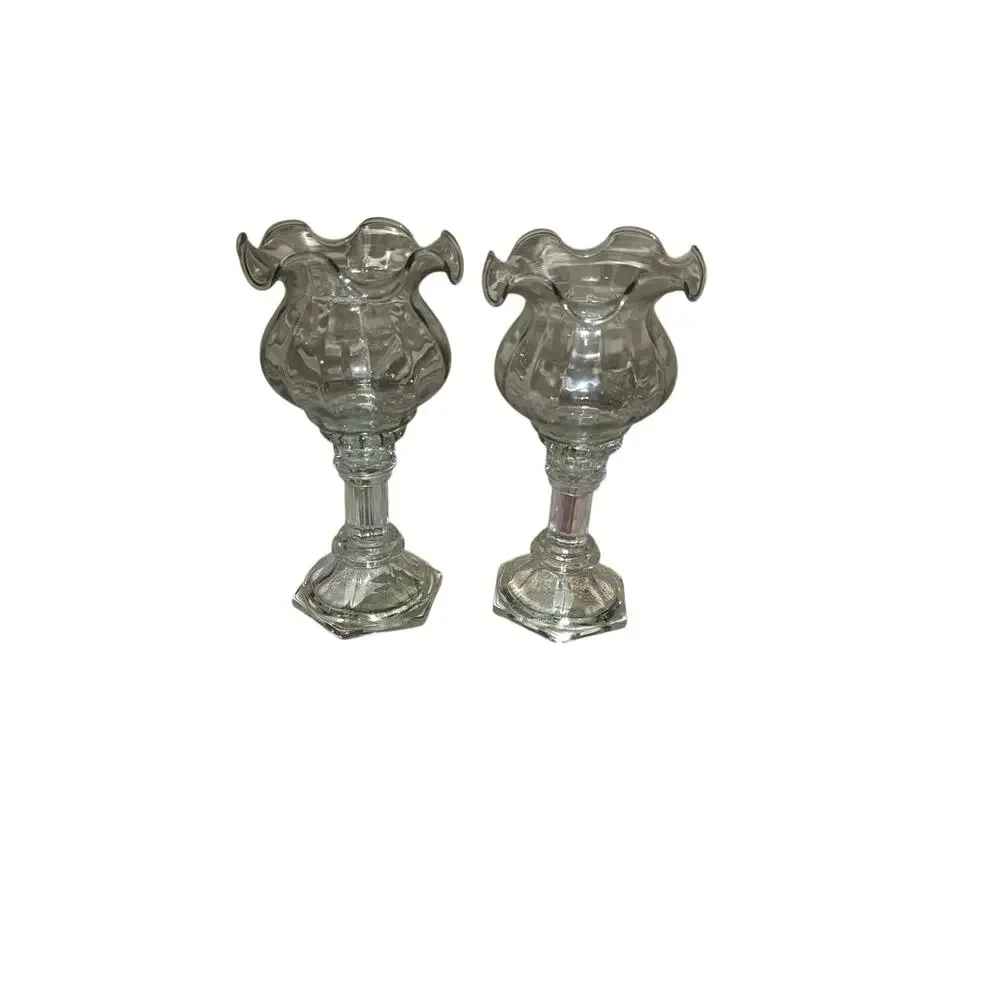 Vintage Glass Pedestal Candle Holder: Ruffled Rim